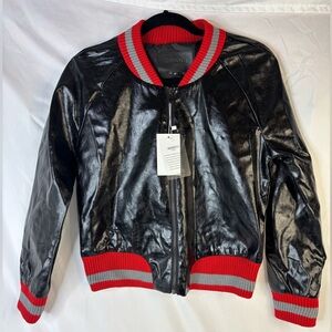 COOME Patent Leather Black/Red‎ Stripe Cuffs and Bottom Edge NWT Zip Up